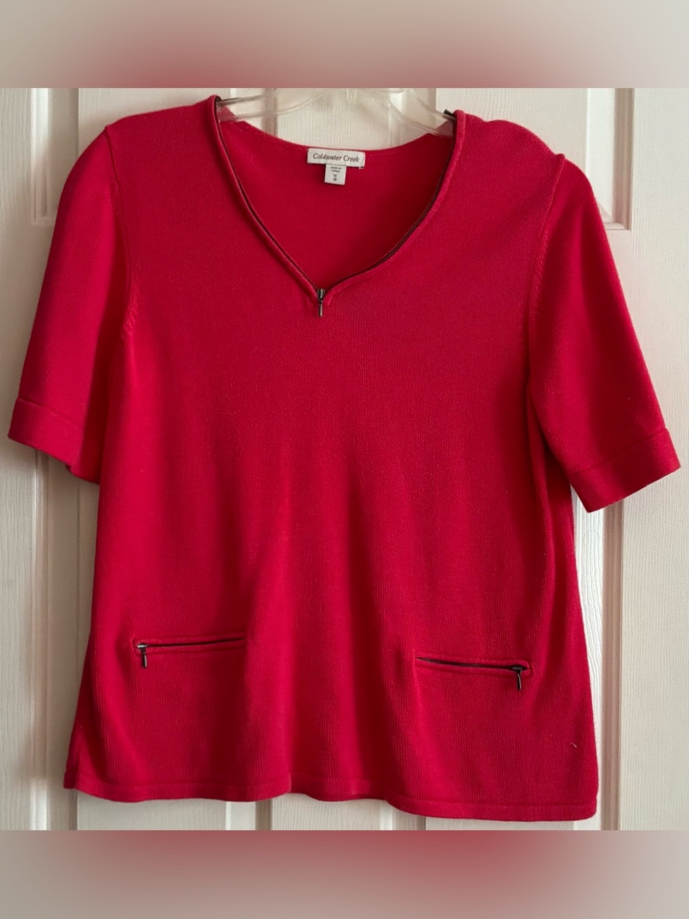 Coldwater Creek 1X Bright Red Short-Sleeve Zip V-Neck Sweater Top